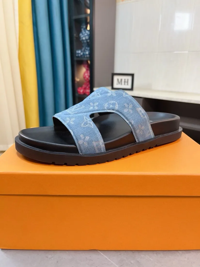 Men's shoes 💰300🌹🌹【LV】Multi-color new men's slippers, original quality top version, original special printed denim➕sheepskin on the inner side, non-slip combination sole, more stable walking, more comfortable and lightweight, high-end and generous, size: 38~44